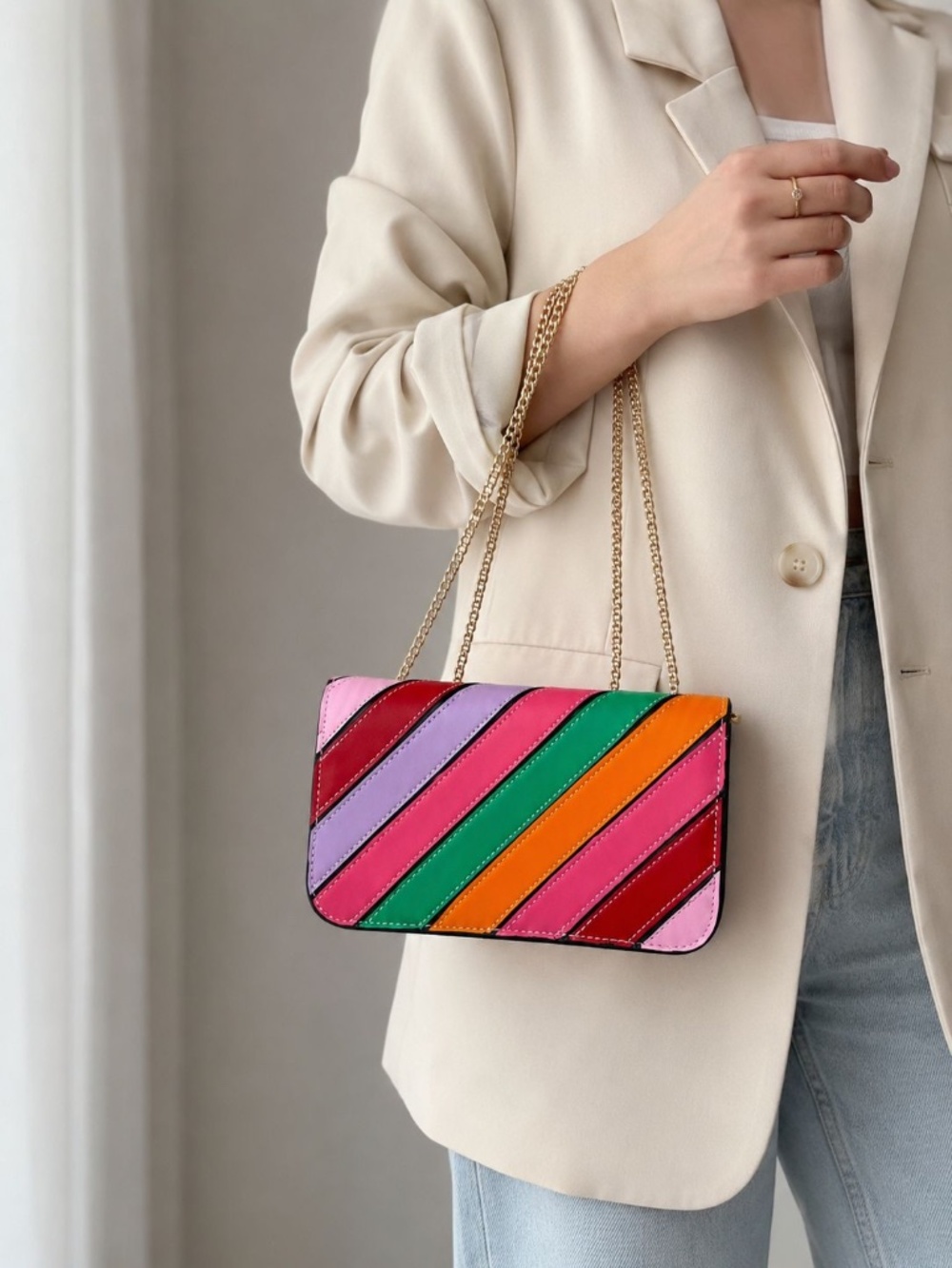 Colorful Rainbow Crossbody Bag, Multicolor Stripe Purse, Chain Shoulder Bag